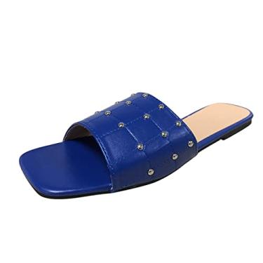 Imagem de Chinelos femininos respiráveis de bico aberto primavera e verão tamanho grande chinelos femininos casuais planos leves confortáveis sapatos de praia (azul, 7)