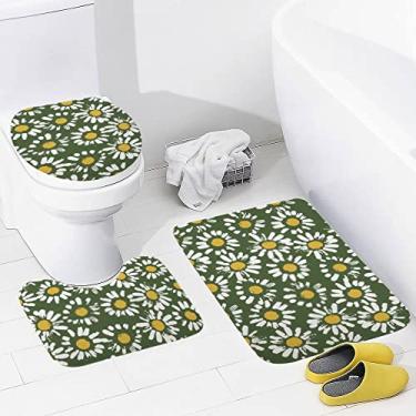 Imagem de Conjunto de 3 peças de tapetes de banheiro modernos, abstratos, floral, camomilas, lavável, tapete antiderrapante, tapete de contorno e tampa para banheiro
