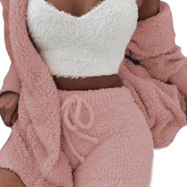 Imagem de Conjunto de malha aconchegante de 3 peças | Fatos de treino femininos de 3 peças,Inverno outono malha blazer de manga comprida casaco tanque calças curtas roupa para mulher Pinnkl