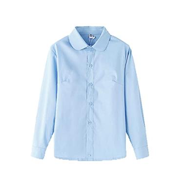 Imagem de Camisas sociais de botão para meninos e meninas de manga comprida para crianças camisa lisa clássica casual com botões, Azul, 7-8 Anos
