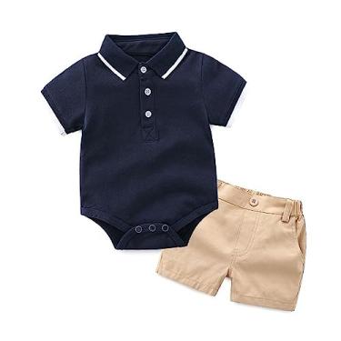 Imagem de Macaquinho infantil de manga curta com shorts, gola de lapela de verão + shorts de algodão, 2 peças, Azul, 18-24 Meses