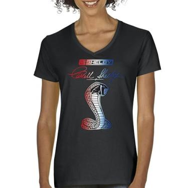 Imagem de Camiseta feminina Shelby Cobra gola V American Classic Muscle Car Mustang GT500 GT350 Racing Performance Powered by Ford Tee, Preto, M