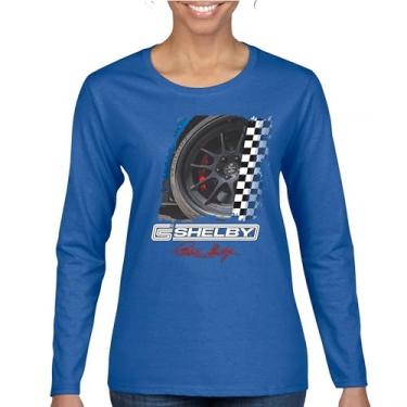 Imagem de Camiseta feminina Shelby Wheel de manga comprida American Classic Muscle Car Racing Mustang Cobra GT500 Performance Powered by Ford, Azul, GG