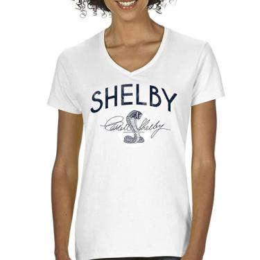 Imagem de Camiseta feminina com logotipo vintage Shelby Cobra gola V American Legendary Mustang 427 GT500 GT350 Performance Powered by Ford Tee, Branco, M