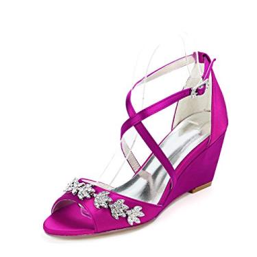 Imagem de MNSSRN Wedge Sandálias femininas de cetim, bico aberto, tira no tornozelo, sapatos clássicos, salto alto, Roxa, 38