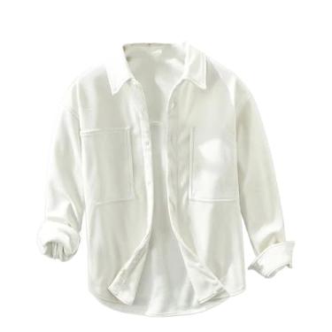 Imagem de Camisas masculinas de inverno de algodão sólido em camisas diárias casuais quentes de veludo cotelê sólido camisa solta grossa, Branco, M