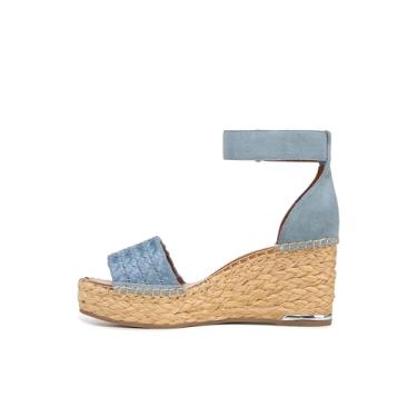 Imagem de Franco Sarto Sandálias Clemens Raffia Espadrille Salto Anabela Feminina, Tecido azul jeans/couro, 6.5