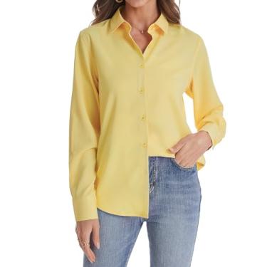 Imagem de J.VER Camisa feminina de botão manga longa sem rugas leve de chiffon sólido blusa de trabalho, Amarelo claro, M