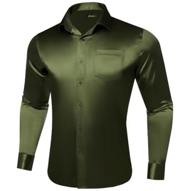 Imagem de DiBanGu Camisa social masculina manga longa cetim liso ajuste regular casual camisa de botão para festa de casamento formal, Cetim verde-escuro, G