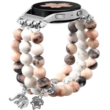 Imagem de Newlibery Pulseira feminina de pedra natural com contas compatível com Samsung-Galaxy Watch/Watch 5/6 de 40/44 mm, Galaxy Watch 6/4 Classic 42/46 mm, pulseira elástica de 20 mm para Galaxy Watch