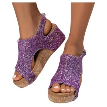 Imagem de CGGMVCG Sandálias femininas estilo cunha para o verão, sandálias femininas abertas com fivela no tornozelo e alpargatas plataforma, B - roxo, 37