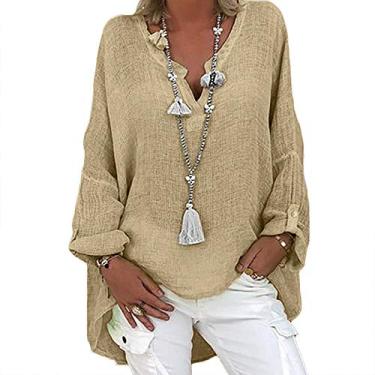 Imagem de Camisetas femininas de verão de linho, cor sólida, caimento solto, manga comprida, gola V, camisetas para sair, Caqui, 3G