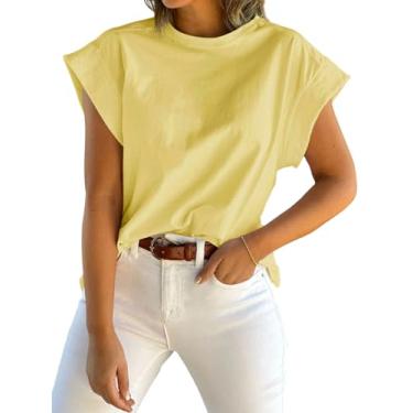 Imagem de Tankaneo Camiseta feminina de verão, manga cavada, gola redonda, lisa, casual, folgada, básica, Amarelo, P