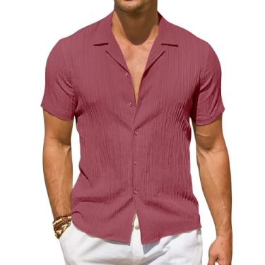 Imagem de DEMEANOR Camisas de linho masculinas de manga curta camisa de linho texturizada casual abotoada camisas de praia de verão de linho, rosa, 3G