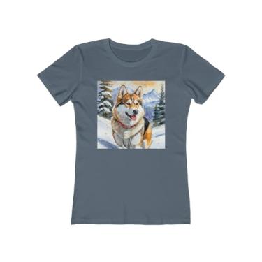 Imagem de Chinook 'Sled Dog' - Camiseta feminina justa de algodão torcido, Índigo sólido, P