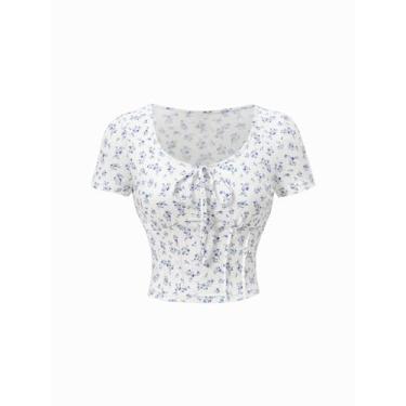 Imagem de Verdusa Camiseta feminina de verão com estampa floral, manga curta, nó e nó, Azul e branco, P