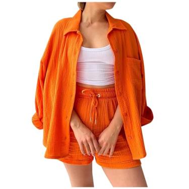 Imagem de Lainuyoah Conjunto feminino de 2 peças, conjunto curto sexy de verão, plus size, camisa e cordão curto 2024 conjunto de agasalho para férias, A - laranja, Large