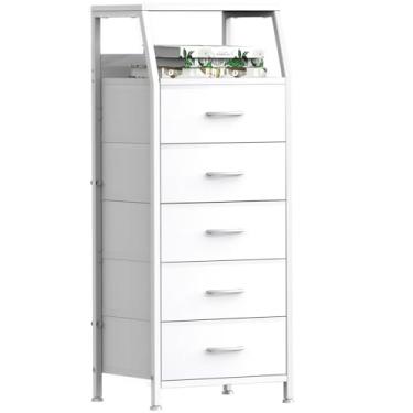 Imagem de Cômoda branca para quarto, organizador de armazenamento com 5 gavetas, torre de armazenamento de tecido vertical, armário de roupas para quarto de crianças, entrada, mesa de cabeceira, moldura de aço