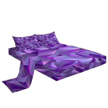 Imagem de Eojctoy Jogo de cama solteiro com estampa geométrica roxa 3D, microfibra super macia, 4 peças, 1 lençol com elástico, 1 jogo de lençol com elástico e 2 fronhas, 40 cm de profundidade para quarto de