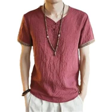 Imagem de Camiseta masculina verão algodão linho Hanfu manga curta vintage estilo chinês tang terno camiseta de linho estilo casual, Vermelho vinho 686, G