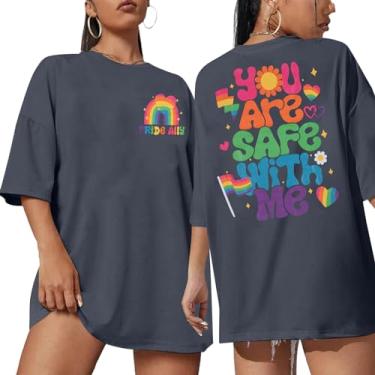 Imagem de KIDDAD Camiseta feminina casual orgulho You are Safe with Me LGBT arco-íris grande camiseta lésbica, Cinza - Pride Ally, G