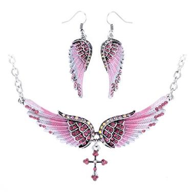 Imagem de Szxc Jewelry Colar feminino com pingente de cruz com asas de anjo da guarda 45,7 cm + 5 cm, Cristal Metal, Cristal