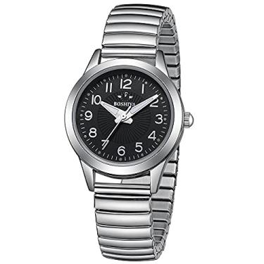 Imagem de BOSHIYA Relógio feminino Easy Reader 23 mm de aço inoxidável com pulseira de expansão para pulso pequeno, Preto, Relógio de Enfermeira