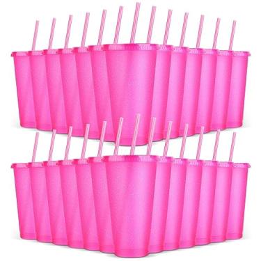 Imagem de LEIFEOSH Pacote com 24 copos de plástico com tampas e canudo, copos reutilizáveis com tampas e canudos, copos coloridos para bebidas frias, café gelado, copo de plástico a granel para presentes de