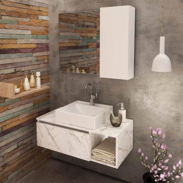 Imagem de Kit Gabinete de Banheiro com Cuba e Espelheira Mármore Branco