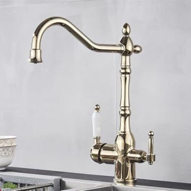 Imagem de Torneira de cozinha com filtro de latão antigo, torneira de cozinha com água potável pura, montada no deck, alças duplas, misturador de água quente e fria de 3 vias, dourada