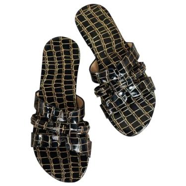 Imagem de Sandálias femininas confortáveis plus size fashion sapatos rasos com estampa de cobra sandália casual sem salto para férias em casa, A-160 Preto, 5.5 Wide