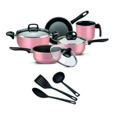 Imagem de Conjunto de Panelas Antiaderente Rosa 5 peças + 3 utensílios - Marpal,