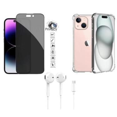 Imagem de Kit 3 em 1 Capa Transparente + Película 3D Privacidade + Fone de Ouvid