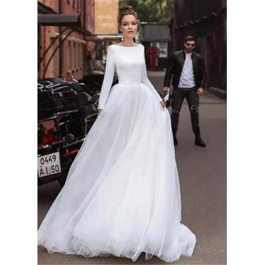 Imagem de Vestido De Noiva Manga Longa Luxo Clássico Costa V Saia Fina - AUGUI N