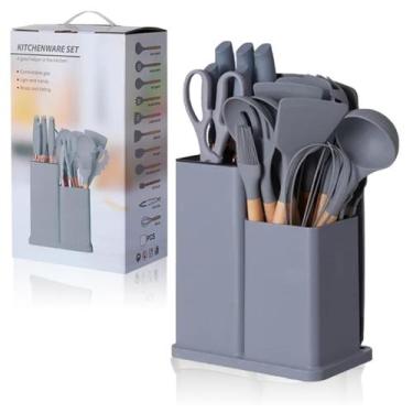 Imagem de Kit Utensilios Silicone 19 peças cabo de madeira sem BPA - BH Imports,