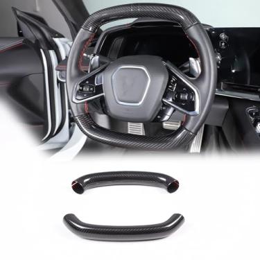 Imagem de Acabamento da capa do volante compatível com Chevrolet Corvette C8 2020-2023 100% fibra de carbono real, 4 peças, capa redonda para volante, acessórios de proteção interna (carbono preto)