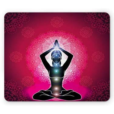 Imagem de Ambesonne Mouse pad colorido, silhueta marrom de uma mulher de ioga com núcleos com design boêmio em destaque neon, mousepad de borracha antiderrapante retangular, tamanho padrão, rosa preto