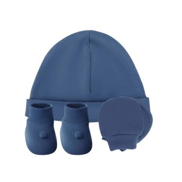 Imagem de kit Luva, Touca e Sapatinho em Algodão Egípcio na caixa - Azul Jeans - Corujitos