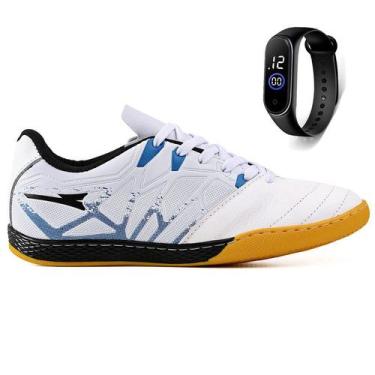 Imagem de Kit Chuteira Futsal Quadra Bico em Couro Reforçado Futebol Salao + Rel