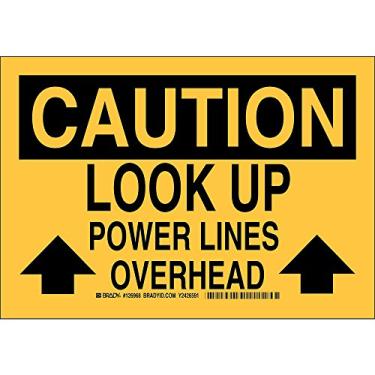 Imagem de Brady 126966 Placa de perigo elétrico, legenda "Look Up Power Lines Overhead", 17,8 cm de altura, 25,4 cm de largura, preto em amarelo