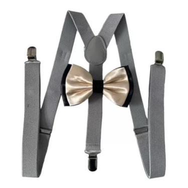 Imagem de Kit Suspensório Cinza + Gravata Borboleta Dupla Preto/bege Ref 244/249