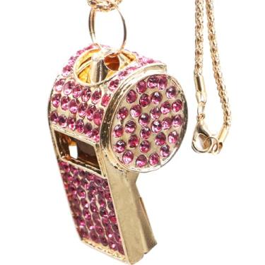 Imagem de Apito de strass de cristal de metal com chaveiro, apito brilhante - Som alto e nítido para treinador, árbitro, basquete, salva-vidas, competição esportiva, ao ar livre (rosa)