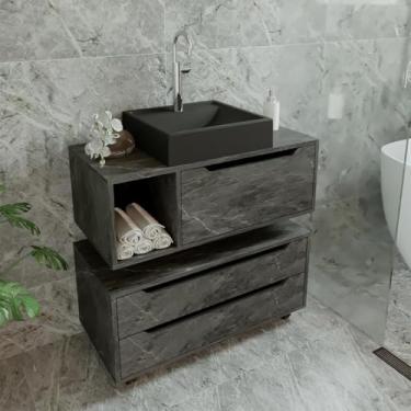 Imagem de Kit Banheiro Gabinete Suspenso, Cuba e Gaveteiro Mármore Lunar Tecno Mobili