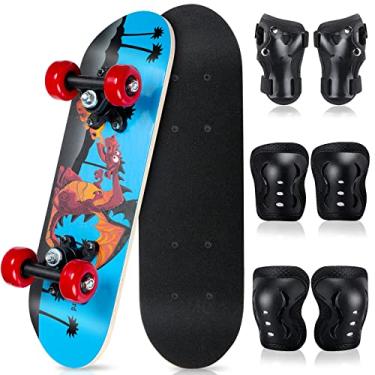 Imagem de Conjunto de 7 peças de skate para crianças de 3 a 5 anos, crianças iniciantes, 43 x 12 cm, joelheiras, protetores de pulso, conjunto de mini skate para meninos e meninas de 3 a 12 anos (dinossauro de fogo)