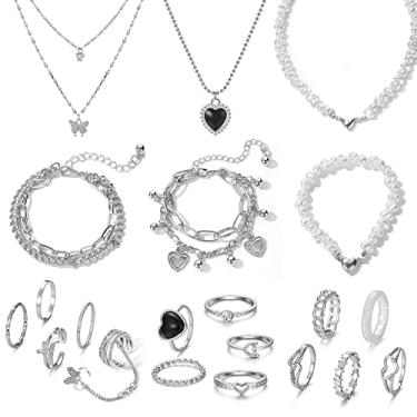 Imagem de IFKM Conjunto de 36 peças de joias banhadas a prata com 3 peças, pulseira de 12 peças, 7 brincos de orelha, 14 peças de anéis de articulação para mulheres, meninas, presente de aniversário e amizade,