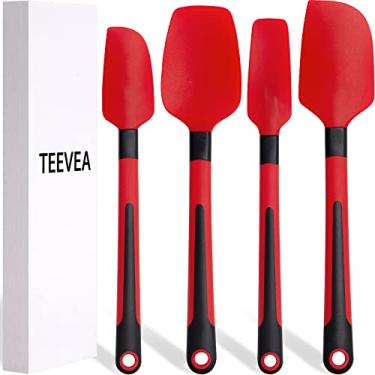 Imagem de TEEVEA Espátula de silicone para cozinhar e misturar, resistente ao calor, antiaderente, lavável na lava-louças, sem BPA, conjunto de 4, vermelho e preto