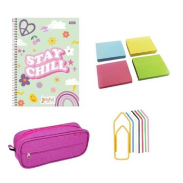 Imagem de Kit Material Escolar Rosa Caderno 15 Matérias Estojo 2 Divisórias Fundamental Médio Faculdade Menina
