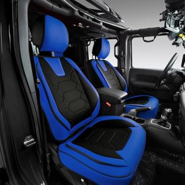 Imagem de OASIS AUTO 2007-2017 Wrangler JK Capas de assento de couro de 4 portas ajuste personalizado acessórios capa protetora almofada Unlimited X Rubicon Sahara (conjunto completo, preto e azul)