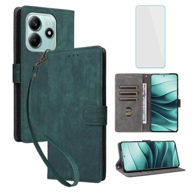 Imagem de IUQXU Capa carteira para celular Xiaomi Redmi Note 14 5G com protetor de tela [bloqueio RFID] couro flip suporte para cartão alça suporte mulheres homens capa de celular para Redmi Note14 5G verde