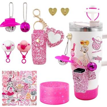 Imagem de Daily Treasures Conjunto de acessórios de copo Disco Stanley, 63 peças de decoração de caneca Stanley rosa, suporte de batom com espelho, adesivos, capa de palha, bota de silicone, pingentes de copo